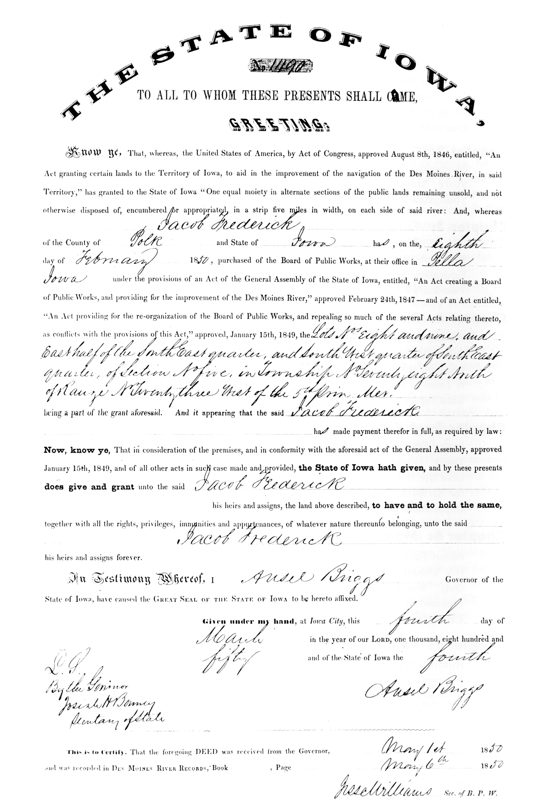 Fredrick State of Iowa Deed